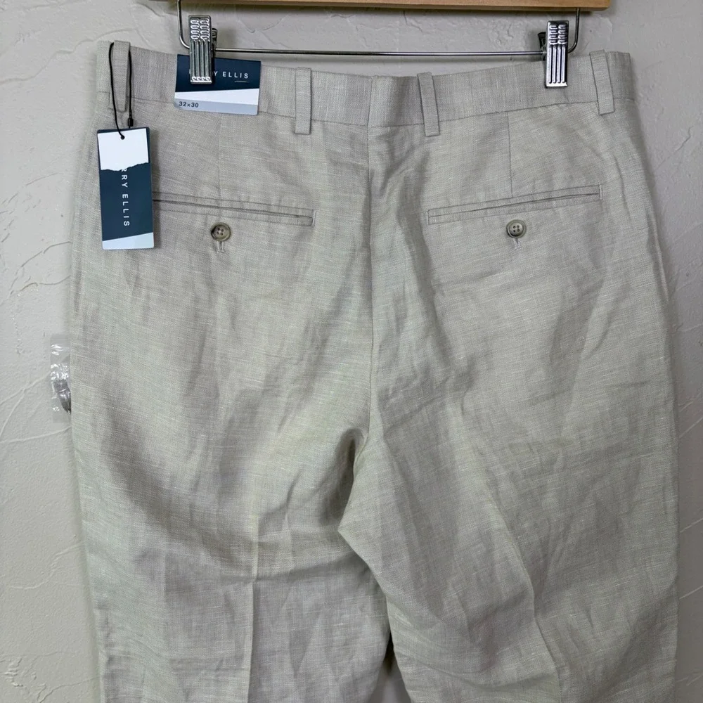 New Perry Ellis Portfolio Linen Pants Mens 32x30 Beige Flat Front Dress Trousers